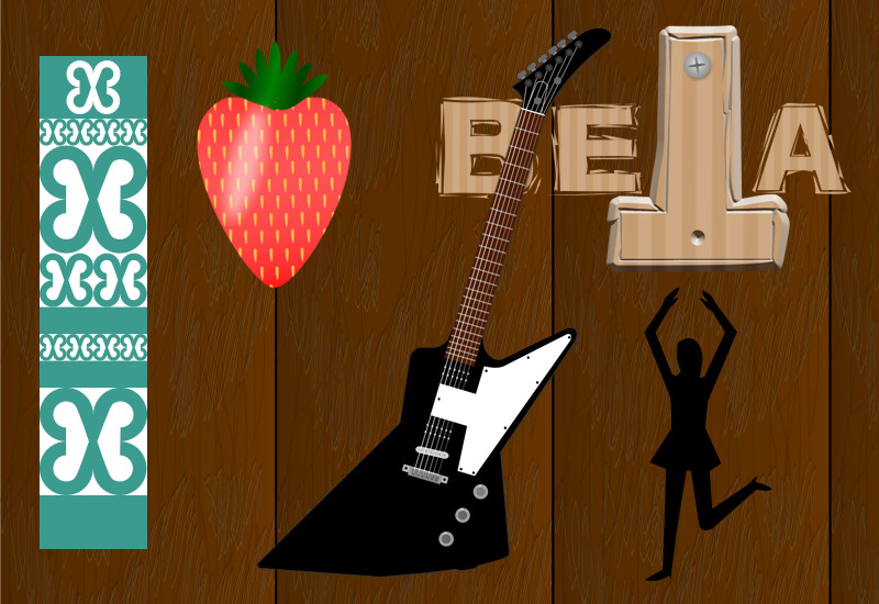2 Männchen, Serviette, Beta Schriftzug, Erdbeere, Gitarre, Paylas-Logo, Tänzerin, Holztisch