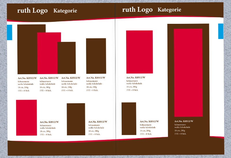 Katalogseite für das Schokoladengeschäft Ruth (Entwurf) in braun und rot